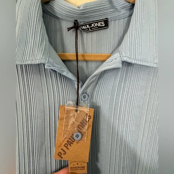 PAUL JONES Mens Textured Knit Polo Shirt Light Blue Stretchy Golf Shirt Lg NWT - Picture 5 of 7